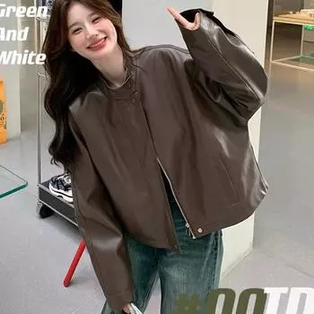 Новая модная женская кожаная куртка с круглым вырезом на молнии в стиле ретро, повседневная, для поездок на работу, роскошная, мотоциклетная, короткая кожаная куртка S коричневый