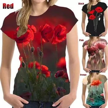 Новая модная женская летняя футболка с принтом мака, повседневная футболка с коротким рукавом и круглым вырезом, топ
