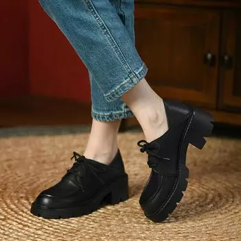 Новая модная женская обувь из натуральной кожи, повседневная обувь на высоком каблуке и платформе, туфли с круглым носком, женские оксфорды Zapatos De Mujer 37 чёрный