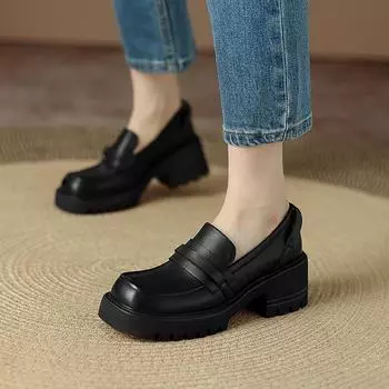 Новая модная женская обувь из натуральной кожи, повседневные лоферы без шнуровки, удобная обувь на мягкой платформе, женская обувь на квадратном носке 34 чёрный