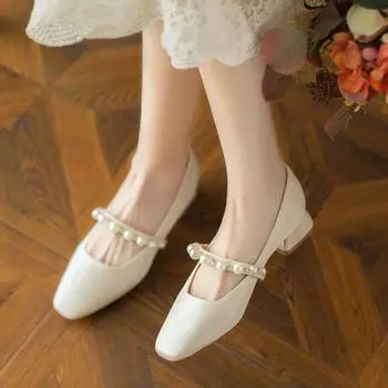 Новая модная женская обувь на толстом каблуке с квадратным носком и украшением из жемчуга, пикантная элегантная повседневная обувь с открытым носком, удобные туфли на низком каблуке для вечеринок 34