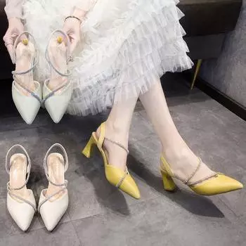 Новая модная женская обувь с острым носком и квадратным каблуком, украшенная стразами, пикантная элегантная обувь с открытым носком для банкетных вечеринок и высоких каблуков 34