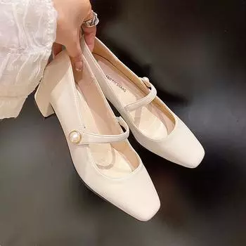 Новая модная женская обувь, туфли с квадратным носком, модельные туфли на квадратном каблуке, туфли-лодочки с жемчужной пряжкой, женская офисная обувь на высоком каблуке с неглубоким носком 35