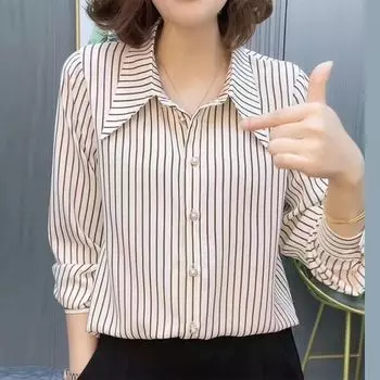 Новая модная женская рубашка в полоску, весна/лето, корейская блузка с длинным рукавом, топ с отложным воротником, L-7XL L бежевый