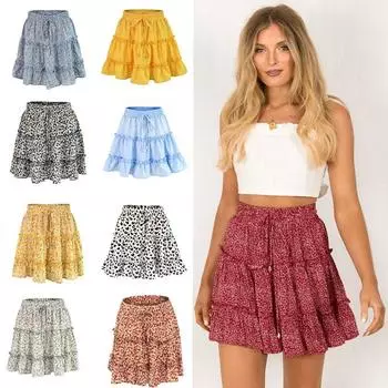 Новая модная женская сексуальная прошитая оборками цветочная принтованная шнуровка мини-юбка с высокой талией юбка XXL красный