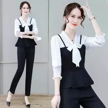 Новая модная женская шифоновая рубашка FakeTwo Pieces с бантом и v-образным вырезом, блузка с длинными рукавами, S-3XL L белый