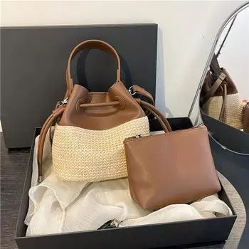 Новая модная женская сумка ручной работы + кожаная маленькая сумочка большой вместимости со шнурком повседневная пляжная сумка через плечо люксовый бренд сумка через плечо