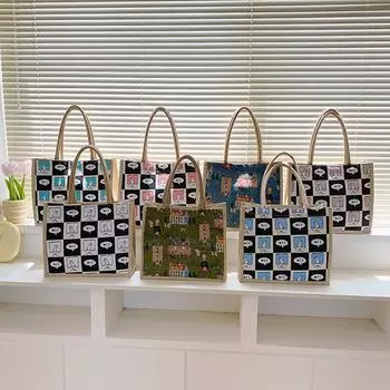 Новая модная женская сумка с принтом большой вместимости для учебы в колледже, сумка-тоут на одно плечо, ручная сумка из хлопка и льна, тренд