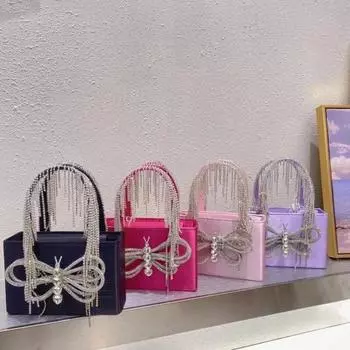 Новая модная женская сумочка с бантом и стразами, вечерняя сумка для свадьбы, выпускного вечера, вечерние, с цепочкой на плечо, с ручкой под мышками, трендовая сумка One Size чёрный