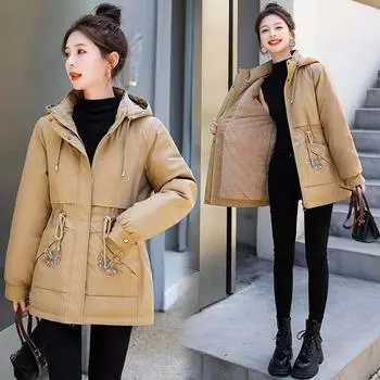 Новая модная женская зимняя бархатная карманная вышивка для утолщения пальто средней длины L