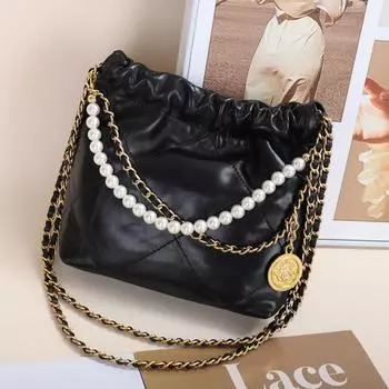 Новая модная золотая монета хиппи сумка из натуральной кожи сетчатая цепочка наплечная сумка через плечо женская верхняя сумка из коровьей кожи жемчужная сумка-ведро 23x8x20cm чёрный