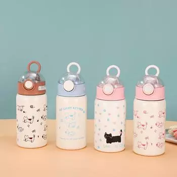 Новая мультяшная чашка с рисунком котенка из нержавеющей стали с соломенной крышкой, переносная чашка для улицы 450ml