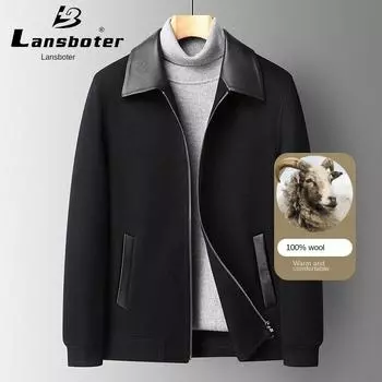 Новая мужская цельношерстяная двусторонняя куртка Lansboter на осень и зиму, воротник из овчины, деловая куртка среднего возраста, двусторонняя куртка 2XL чёрный