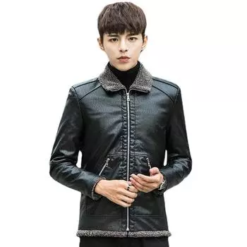 Новая мужская флисовая кожаная куртка осень-зима корейский стиль модная повседневная кожаная куртка зеленая теплая куртка топ M