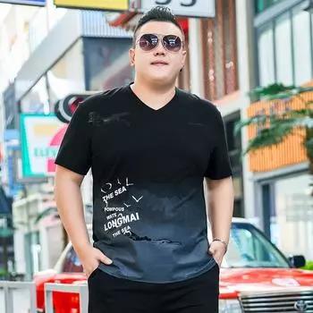 Новая мужская футболка Gradient Plus Fat Plus Size с короткими рукавами, летняя футболка Fat Man с v-образным вырезом и половиной рукавов, чистый хлопок 2XL чёрный