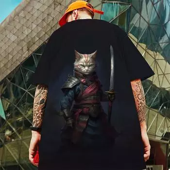 Новая мужская футболка с 3d самурайским котом, футболка с коротким рукавом, летняя повседневная футболка большого размера для мужчин, быстросохнущие повседневные футболки, топы 2024 2XL