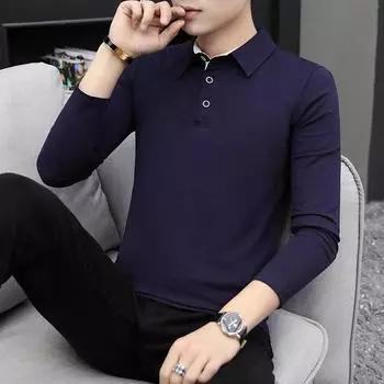 Новая мужская футболка с длинным рукавом, мужская однотонная рубашка поло с лацканами, хлопковая нижняя рубашка M