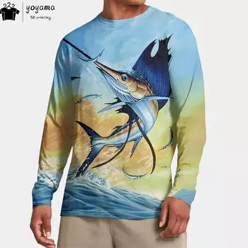 Новая мужская футболка с длинным рукавом с принтом рыбы Простая мужская одежда Футболки для мужчин Футболки с рисунком рыбы Осенняя и зимняя одежда Верх S