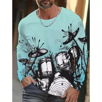 Новая мужская футболка с длинными рукавами, 3D-печать с изображением джазовой музыки, барабанная установка, мужские осенние топы, повседневная футболка с круглым вырезом, топы, футболка S