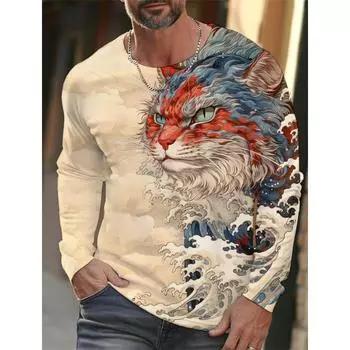 новая мужская футболка с длинными рукавами Ukiyoe с 3D-печатью, высококачественный рисунок волн и кошек, мужской осенний повседневный топ с круглым вырезом 5XL