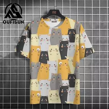 Новая мужская футболка с мультяшным котом и принтом, летние повседневные футболки с круглым вырезом и короткими рукавами, модный пуловер большого размера для мужчин, повседневная уличная одежда M