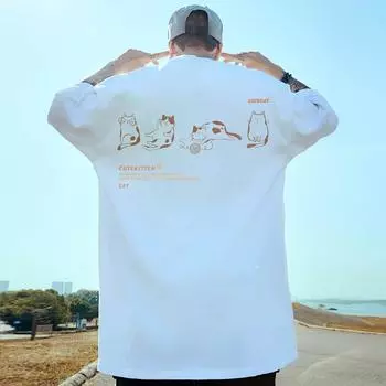 Новая мужская футболка с принтом кота, футболки с короткими рукавами для мужчин, простая модная мужская одежда, свободная футболка большого размера, топы, 2024, повседневная футболка M