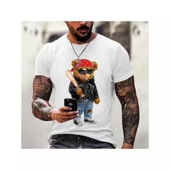 Новая мужская футболка с принтом плюшевого мишки, повседневная, с круглым вырезом, коротким рукавом, летняя, уличная, трендовая, хип-хоп, Харадзюку, с круглым вырезом, большая футболка S