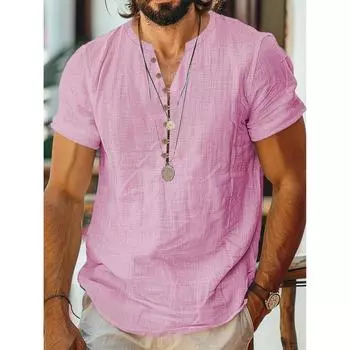 Новая мужская хлопково-льняная рубашка с коротким рукавом, дизайн на пуговицах, повседневный модный топ для мужчин S розовый