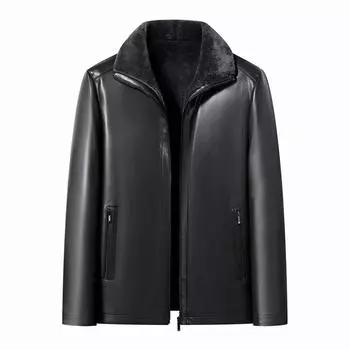 Новая мужская кожаная куртка из бархата и утолщения для мужчин среднего и пожилого возраста с мехом, теплая кожаная куртка со встроенными зимними лацканами для папы M чёрный