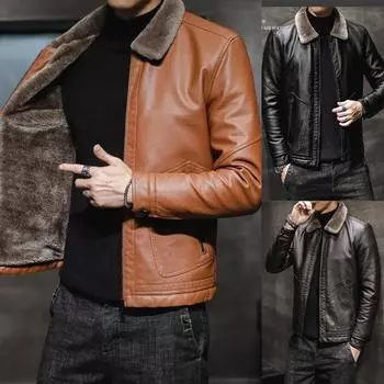 Новая мужская кожаная куртка осень-зима с воротником-лацканом, теплая, с мотоциклетными толстыми бархатными куртками M чёрный