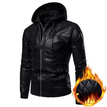 Новая мужская кожаная куртка с капюшоном, свободная хлопковая утолщенная кожаная куртка с капюшоном M чёрный