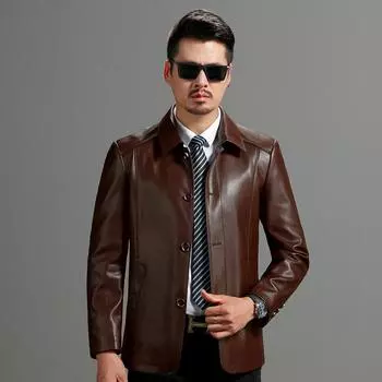 Новая мужская куртка из натуральной кожи с лацканами. Короткая кожаная куртка для среднего и пожилого возраста. Весенне-осенняя плюшевая утолщенная куртка для отцов. XXXXL