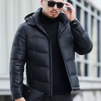 Новая мужская куртка из натуральной кожи, пуховик из овчины со съемным капюшоном, зимняя теплая утолщенная куртка, модная M