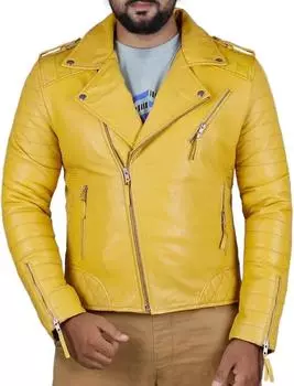 Новая мужская куртка из желтой кожи ручной работы из натуральной овчины, стильная мотоциклетная мягкая посадка S жёлтый