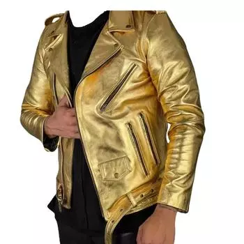 Новая мужская куртка из золотистой кожи ручной работы из натуральной овчины, стильная мотоциклетная мягкая S золотистый
