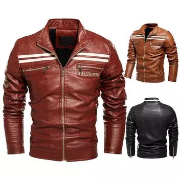 Новая мужская куртка, мотоциклетная куртка, кожаная куртка в такую же полоску, эксклюзивная плюшевая кожаная куртка для мужчин 2XL красный