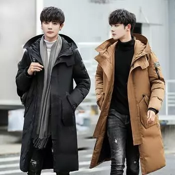 Новая мужская куртка-пуховик средней и длинной длины для молодых мужчин, зимнее повседневное утолщенное белое утиное пуховое длинное пальто с капюшоном M чёрный