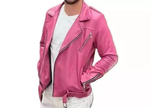 Новая мужская куртка розового цвета из натуральной овчины, натуральная кожа ручной работы, мягкая, стильная S розовый