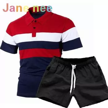 Новая мужская мода с тремя полосками и цветными блоками, спортивный комплект футболок с короткими рукавами с лацканами S красный