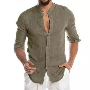 Новая мужская модная повседневная однотонная рубашка-пуловер из льна и хлопка на пуговицах, удобная повседневная рубашка с длинным рукавом S светло-синий