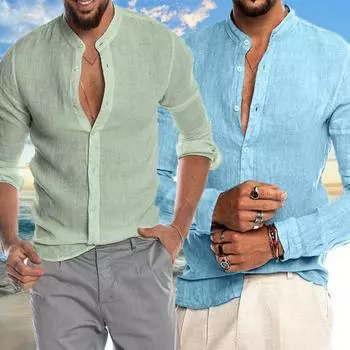 Новая мужская однотонная рубашка с длинным рукавом из льна и хлопка, трендовая рубашка большого размера со стоячим воротником, повседневная легкая пляжная рубашка S белый