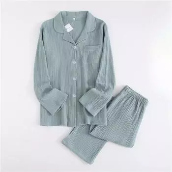 Новая мужская пижама из чистого хлопкового крепа с длинными рукавами и брюками на весну и осень, тонкий комплект домашней одежды для пары, женская пижама M