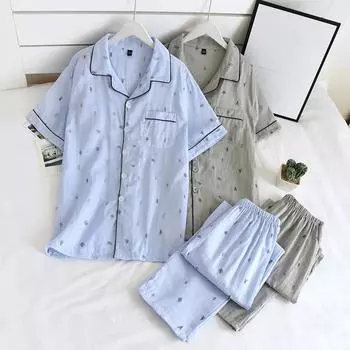 Новая мужская пижама из двух частей, весна и лето, 100% хлопок, марля, брюки с короткими рукавами, тонкая повседневная домашняя одежда, мужская пижама M синий