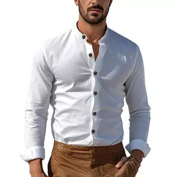 Новая мужская повседневная блузка, хлопковая льняная рубашка, рубашки с длинными рукавами и воротником Генри, весенне-осенние повседневные красивые деловые офисные топы L чёрный