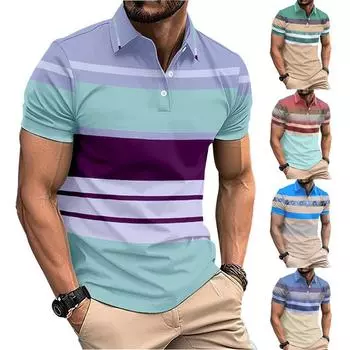 Новая мужская повседневная рубашка-поло с цифровой печатью, полосатая рубашка с пуговицами и лацканами, футболка с короткими рукавами S