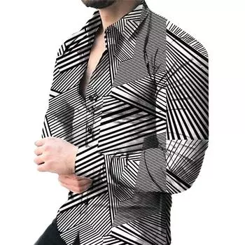 Новая мужская повседневная рубашка с длинными рукавами в 3D-полоску S чёрный