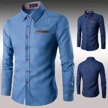 Новая мужская повседневная рубашка с карманами, хлопковая облегающая джинсовая рубашка с длинными рукавами Trend M темно-синий