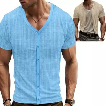 Новая мужская повседневная рубашка с V-образным вырезом, летняя, однотонная, с коротким рукавом, из искусственного льна, дышащая, свободная, молодежная, с карманами S тёмно-синий