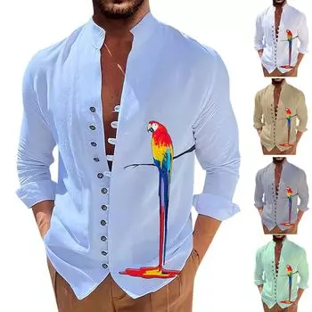 Новая мужская повседневная свободная рубашка из хлопка и льна в стиле ретро с длинными рукавами L зелёный