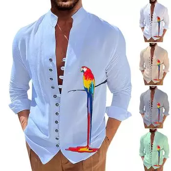 Новая мужская повседневная свободная рубашка из хлопка и льна в стиле ретро с длинными рукавами L зелёный